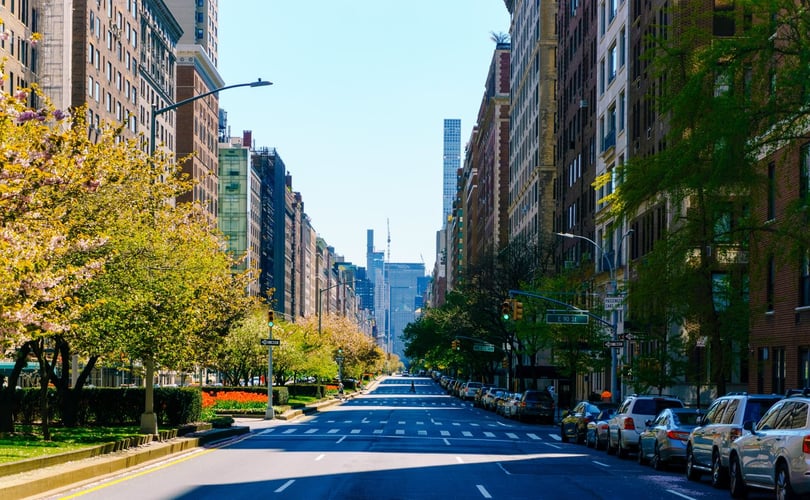 new york city in spring with sun on the road
