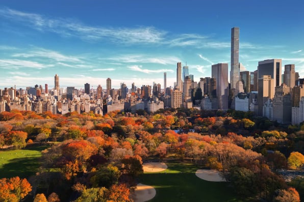 Central Park autumn scene: colorful trees, calm water, and iconic New York City skyscrapers under a cloudy sky.