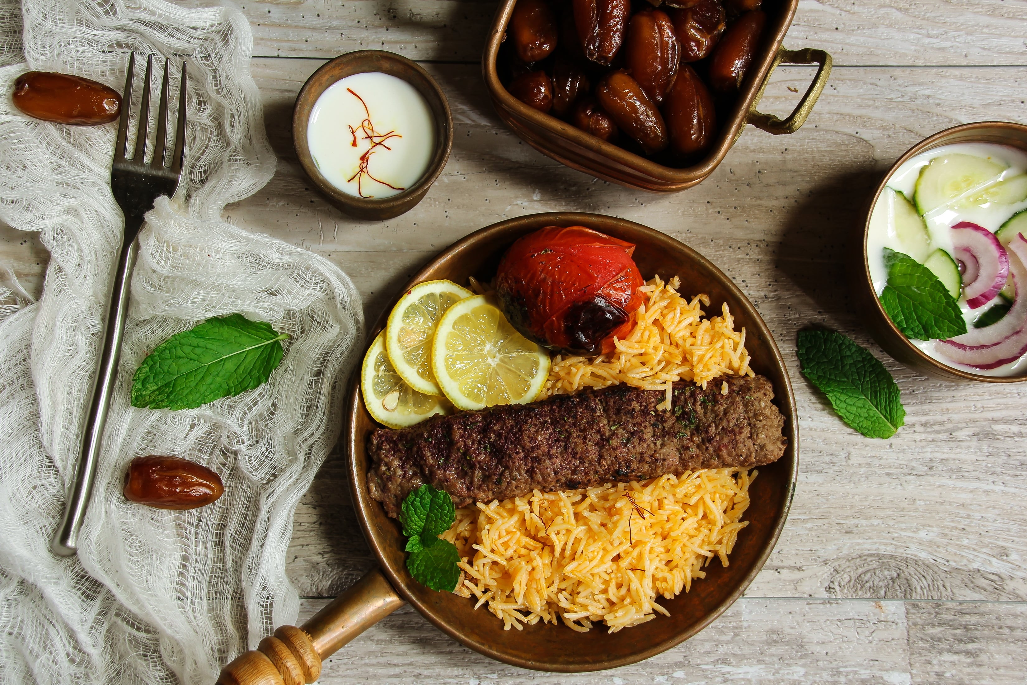 Persian kebab with rice and dates.